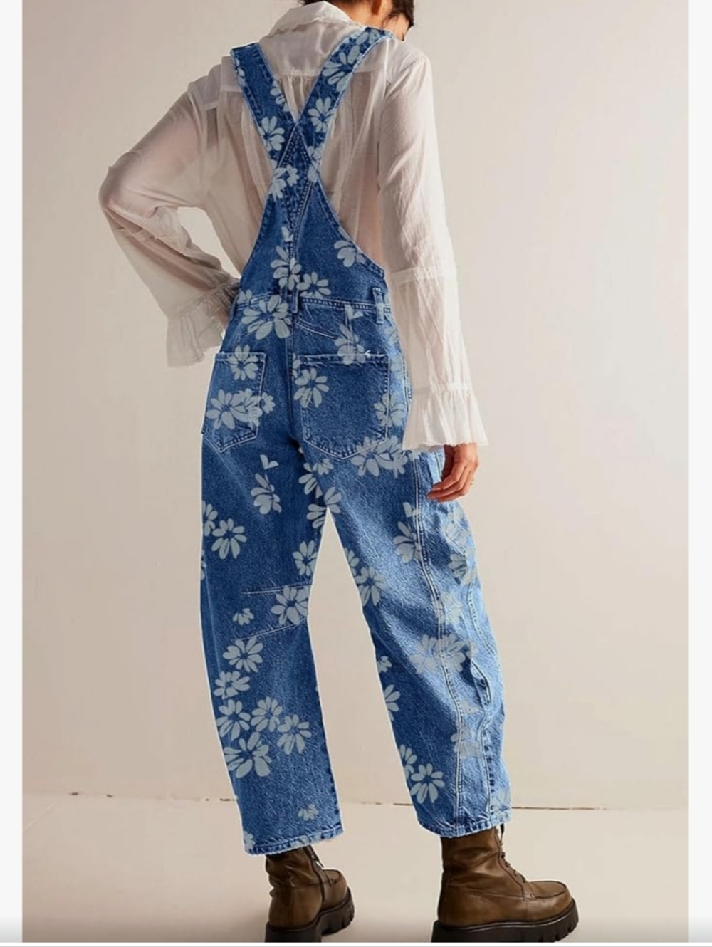 Women's Blue Floral Denim Bib Overalls - Barrel Leg - Picture 2 of 8